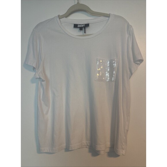 DKNY Women's Size Large Scoop Neck Bling Pocket Short Sleeve T-Shirt White - Picture 1 of 4